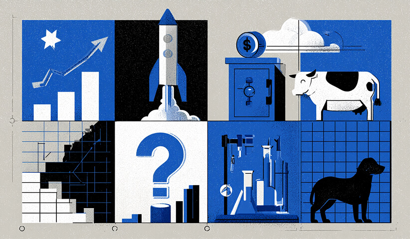 Grid of business symbols including growth charts, a rocket, financial assets, and market imagery, representing different corporate growth opportunities and strategic directions.
