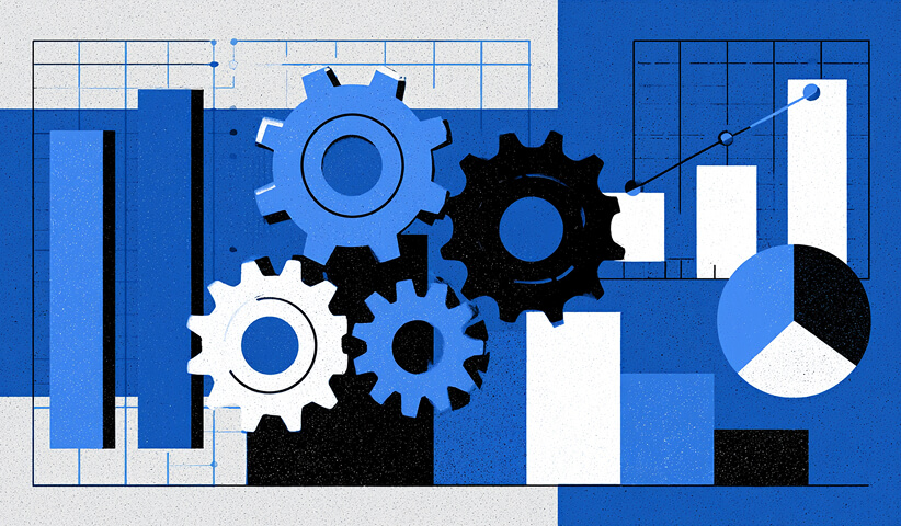 Interlocking gears layered over bar charts, line graphs, and a pie chart, illustrating how different business operations and strategies work together to improve performance.