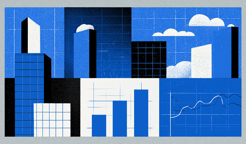 Abstract cityscape combined with bar and line charts, representing corporate growth, market performance, and the expansion of a business over time.