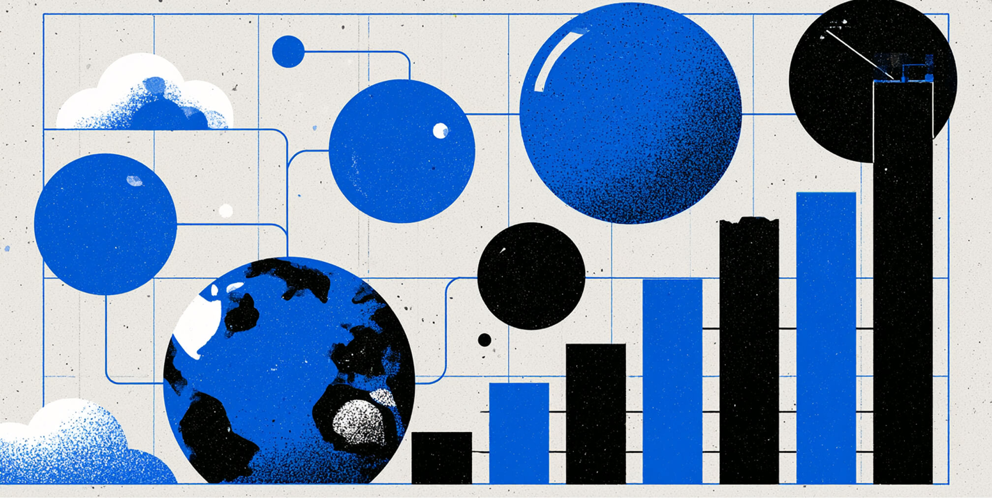 Global network connects circular nodes with an expanding bar chart, illustrating international growth, diversification, and the coordination of corporate strategy across markets.
