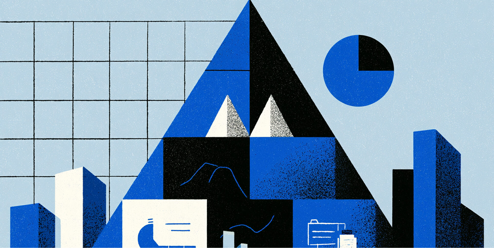 Large geometric mountain surrounded by charts and business graphics, representing strategic goals, organizational direction, and the pursuit of long-term corporate growth.