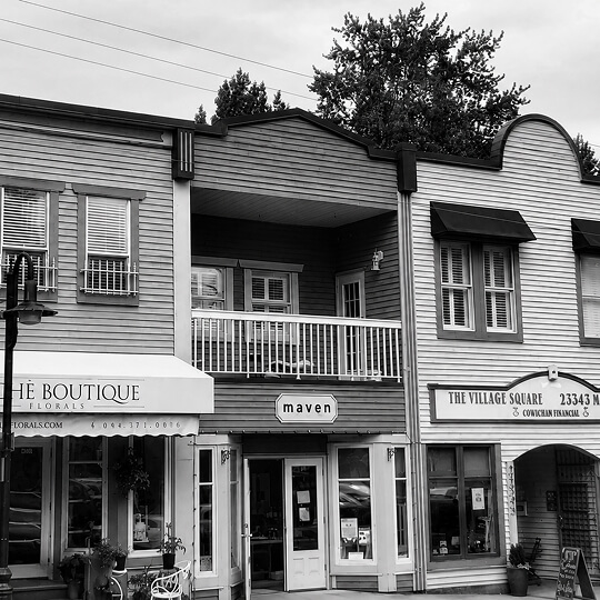 Black-and-white street view of local storefronts and small businesses in a walkable Langley shopping district.