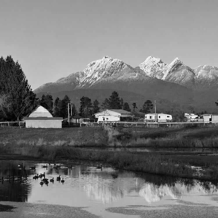 Black-and-white rural Langley landscape with homes, fields, water, and snow-covered mountains in the background.