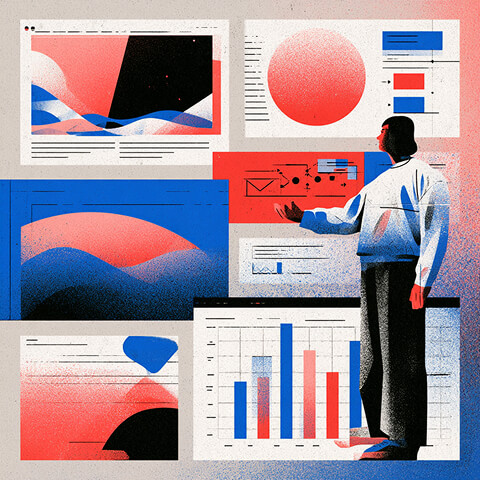 Analyst standing among multiple digital dashboards featuring charts, graphs, and website performance data.