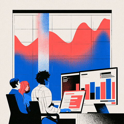 Marketing team reviewing analytics dashboards and performance graphs across multiple computer screens.