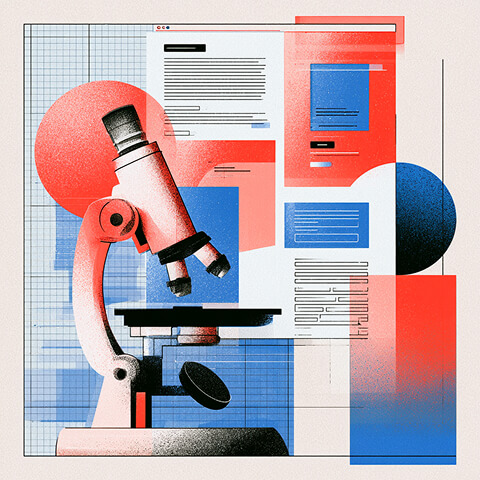 Microscope positioned in front of layered website interfaces, representing detailed analysis of digital user behavior.