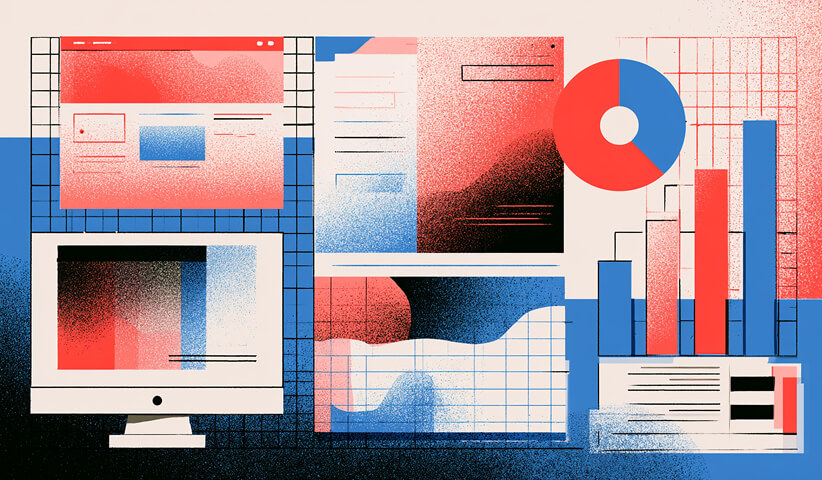 Collection of website interfaces, charts, and data visualizations representing digital performance analysis.
