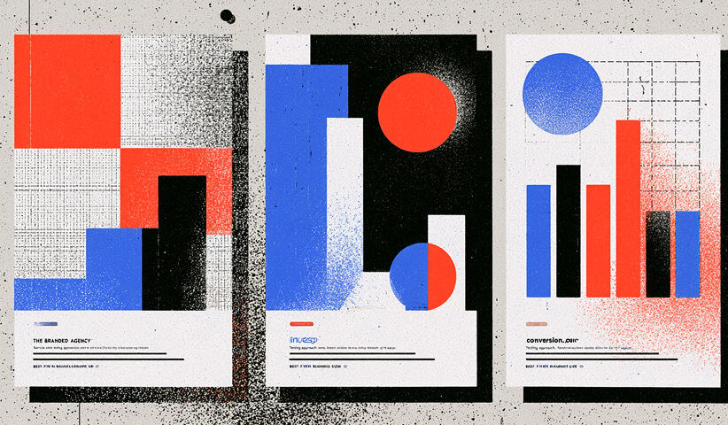 Three abstract agency comparison cards featuring geometric graphics and performance charts.