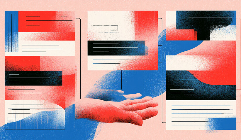 Hand reaching toward layered digital interface cards, representing interactive website analysis and optimization.