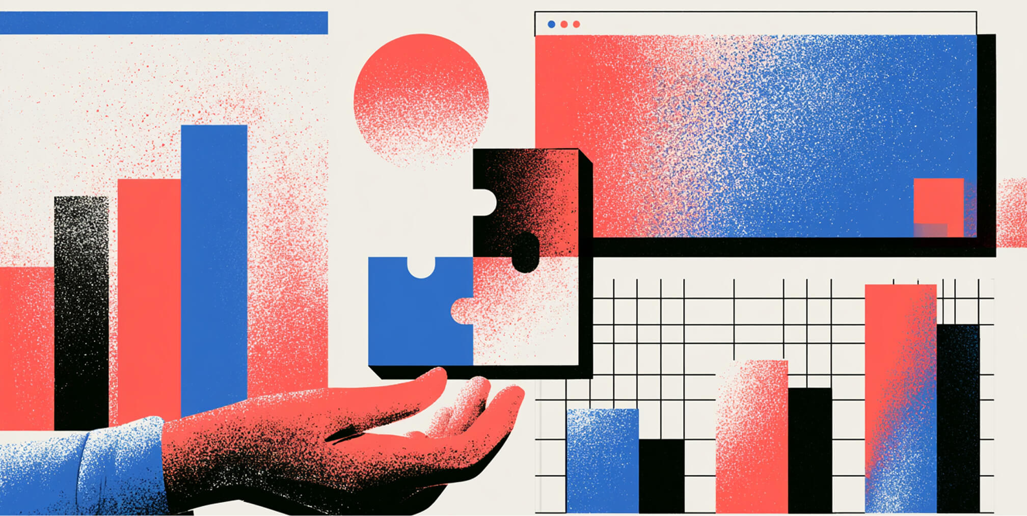 Hand presenting interlocking puzzle pieces alongside website interfaces and bar charts, representing integrated analytics solutions.