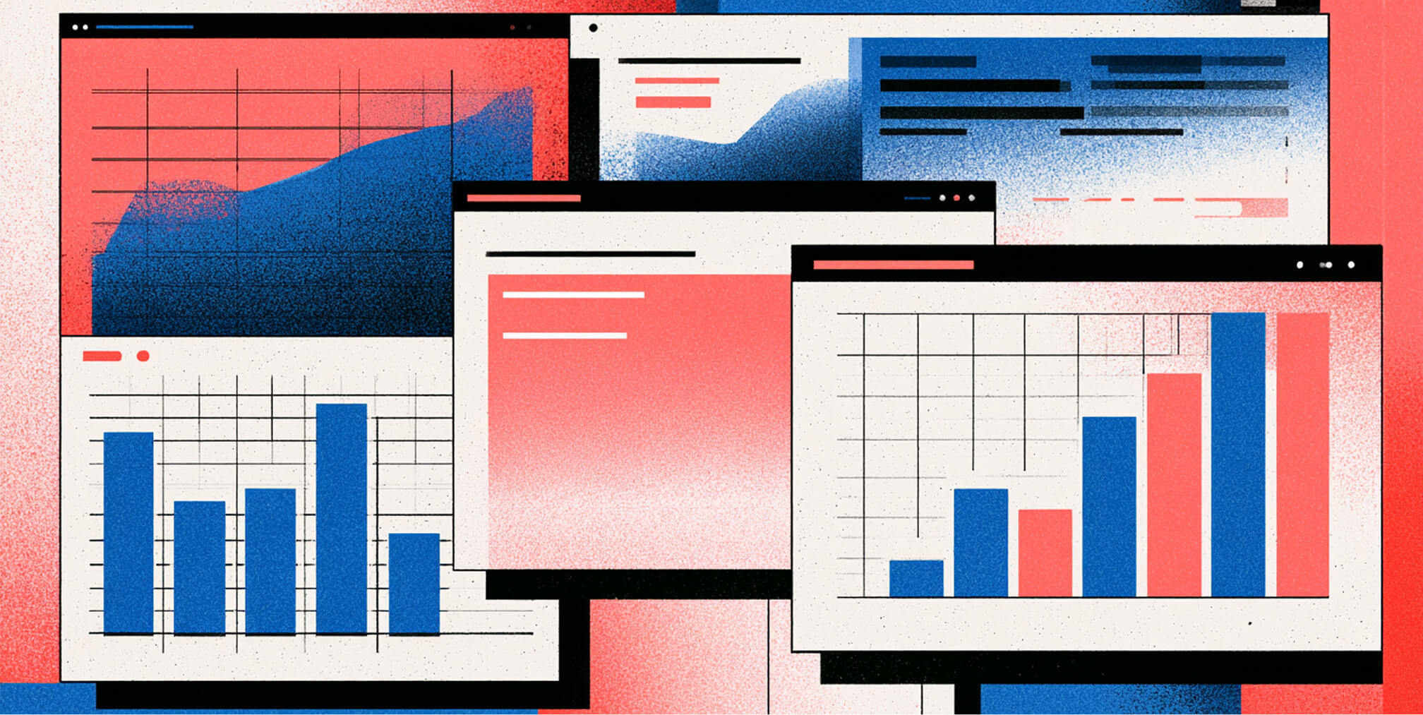 Overlapping analytics dashboards featuring bar charts, performance graphs, and website interface elements.