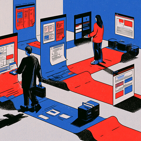 Designer reviewing large-scale website mockups across multiple digital screens.