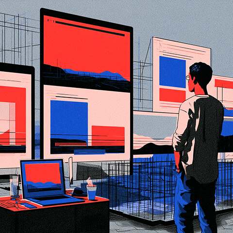 Design team evaluating website layouts beside a large screen displaying improved performance growth.