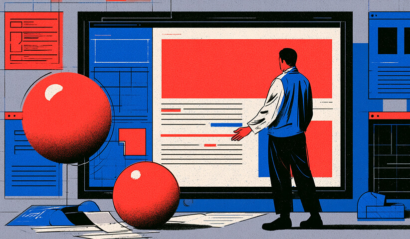 Designer presenting a large website interface surrounded by supporting digital screens and design elements.