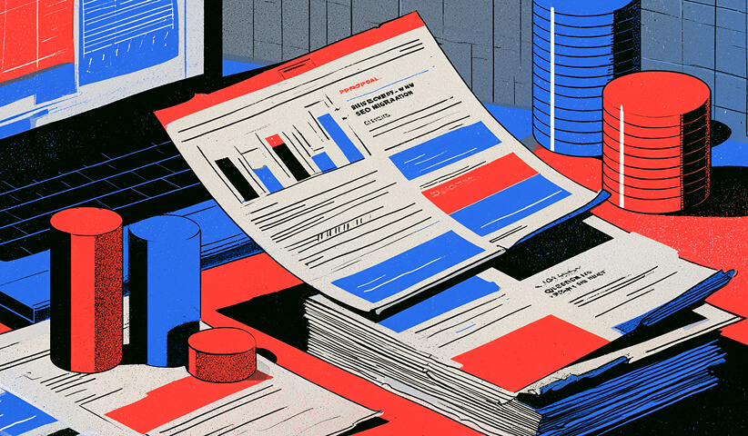Website redesign proposal and performance reports displayed alongside abstract data columns.
