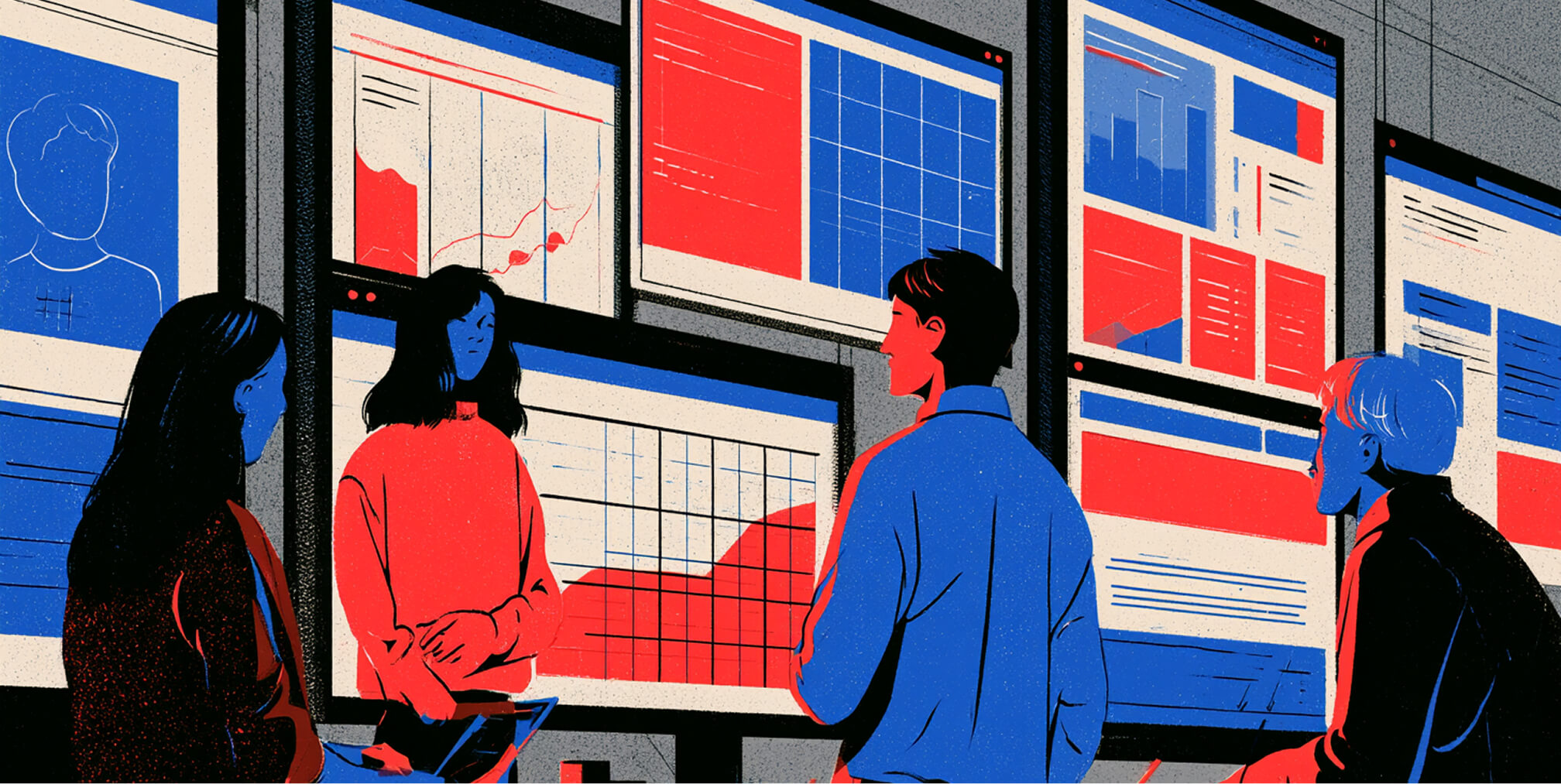 Team discussing website layouts and performance data across a wall of digital dashboards.
