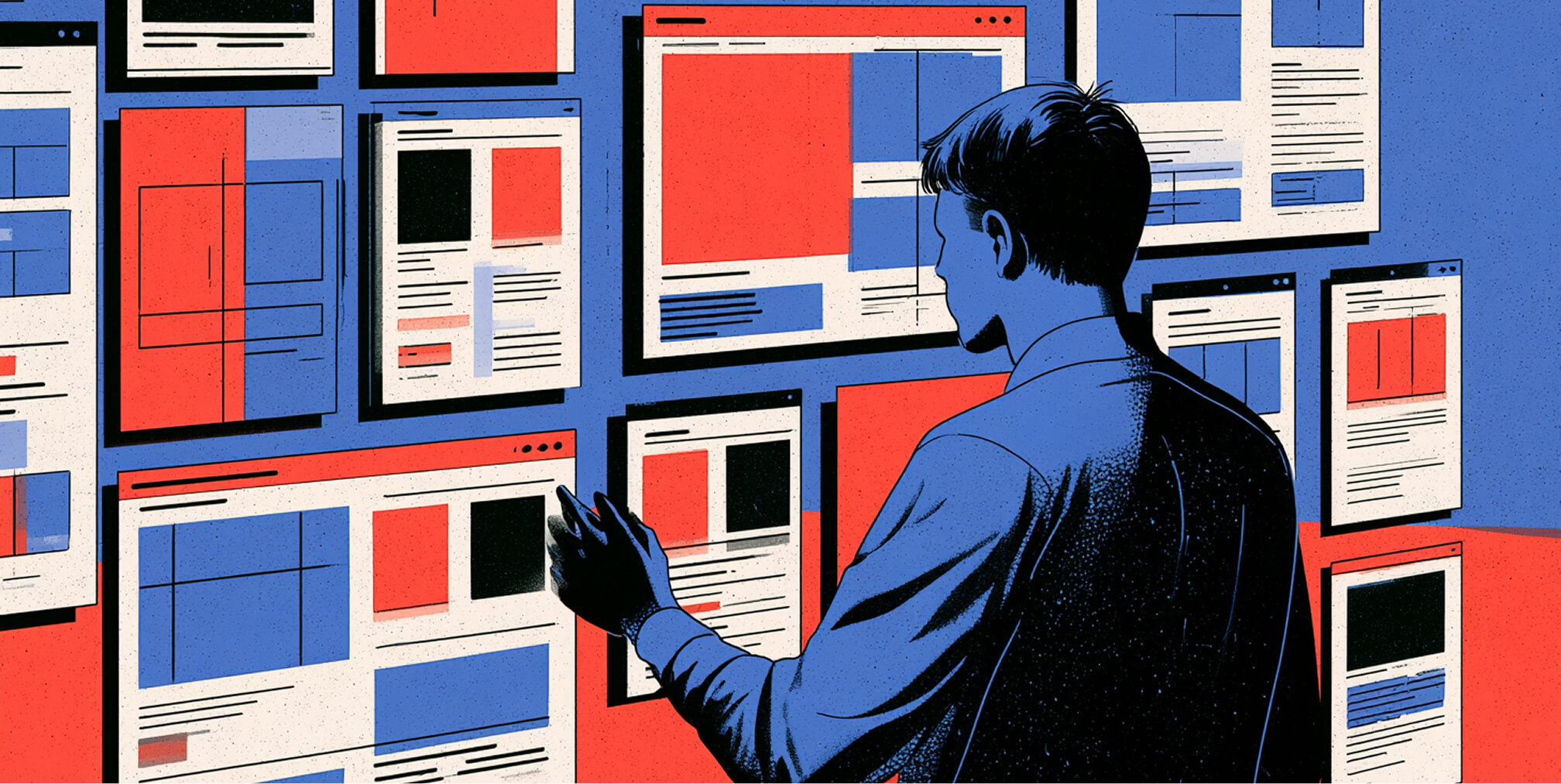 Designer reviewing multiple website page variations displayed across a large collection of screens.