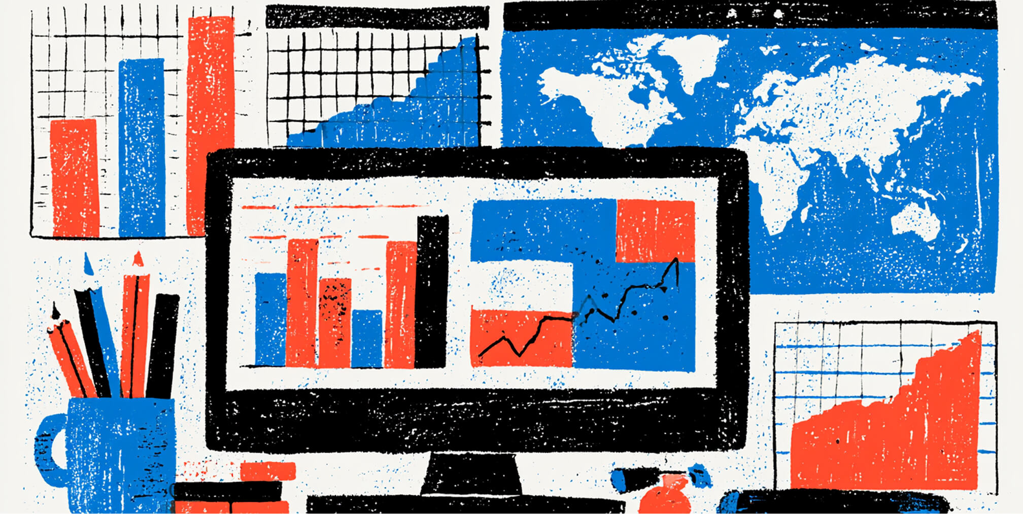 Email marketing analytics dashboard surrounded by growth charts and a world map, representing campaign performance across a global audience.