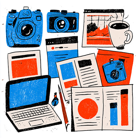 Collection of digital marketing tools, including a laptop, camera, reports, content layouts, and analytics.