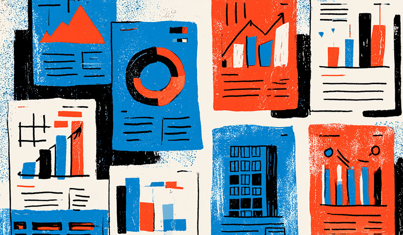 Collection of analytics reports showing bar charts, growth trends, and campaign performance data.