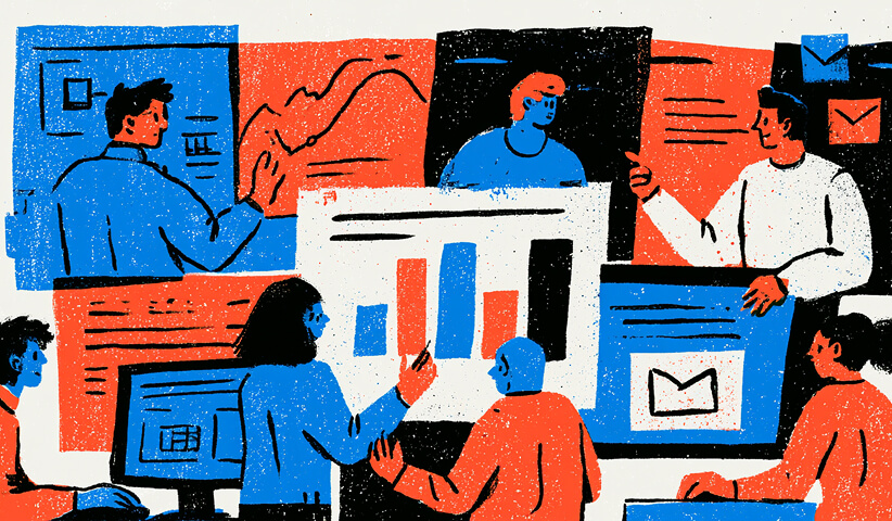 Marketing team discussing email campaign performance and growth metrics across digital dashboards.