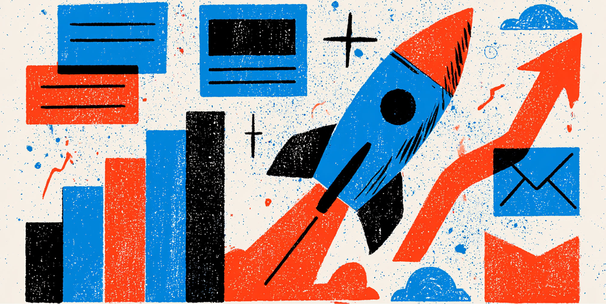 Rocket launching alongside rising performance charts and an email icon, representing email marketing growth and campaign scalability.