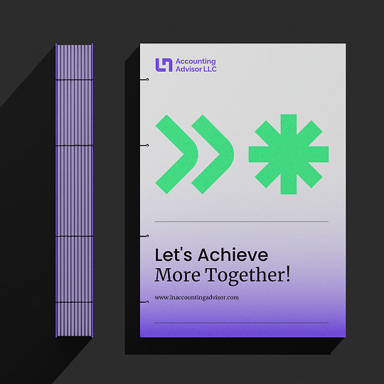 Modern accounting firm brand presentation featuring a minimalist brochure with bold green graphics and purple accents.