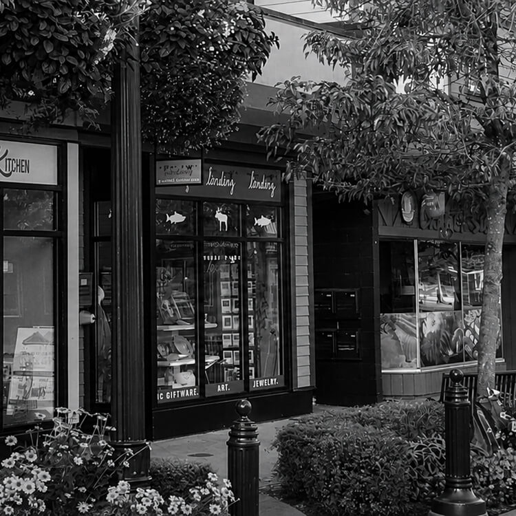 Tree-lined shopping street with local storefronts, landscaping, and pedestrian-friendly public space in Delta.