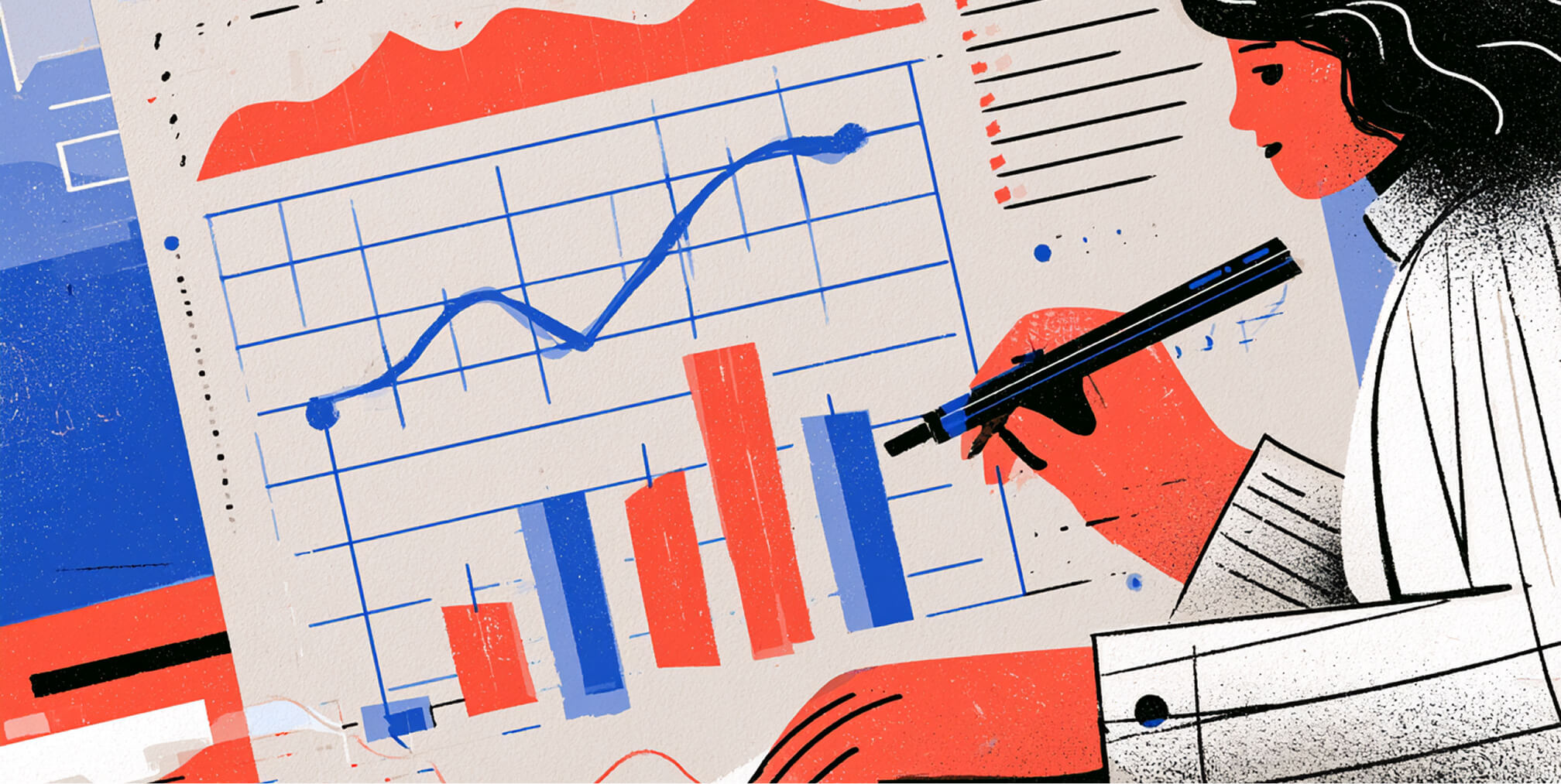 Marketing professional analyzing SaaS growth data with bar charts and a rising performance line.