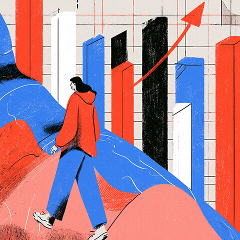 Professional walking through an abstract landscape of rising bar charts and an upward growth arrow.