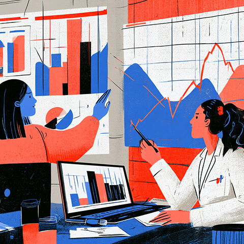 Two marketing professionals reviewing SaaS performance charts and growth trends on a laptop and wall displays.