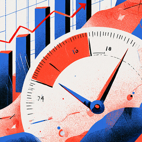 Speedometer layered over rising charts and an upward trend line, representing faster SaaS growth and performance.