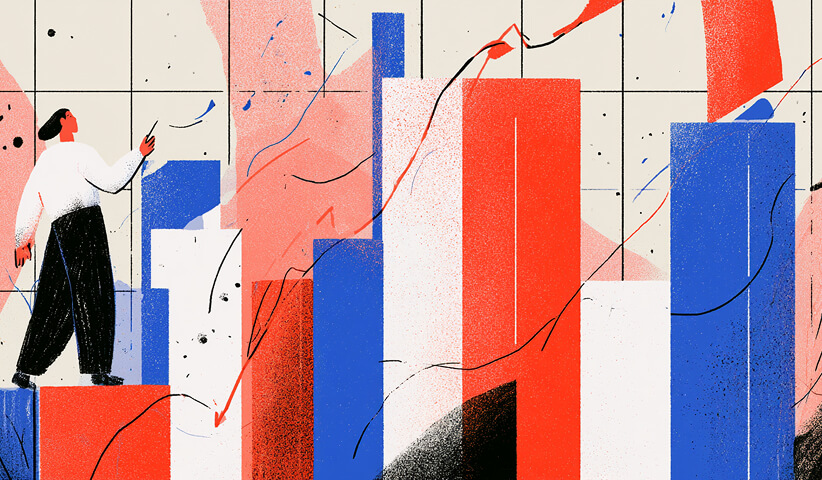 Professional navigating oversized bar charts and trend lines, representing data-driven SaaS marketing strategy.