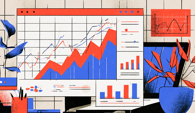Digital analytics dashboard showing rising performance trends, bar charts, and growth metrics.