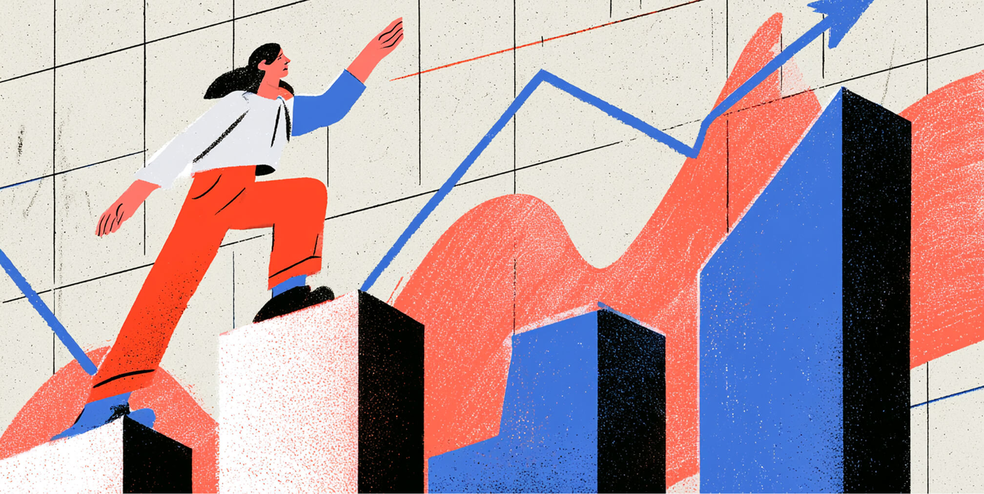 Professional climbing across rising bar charts toward an upward arrow, representing scalable SaaS growth.