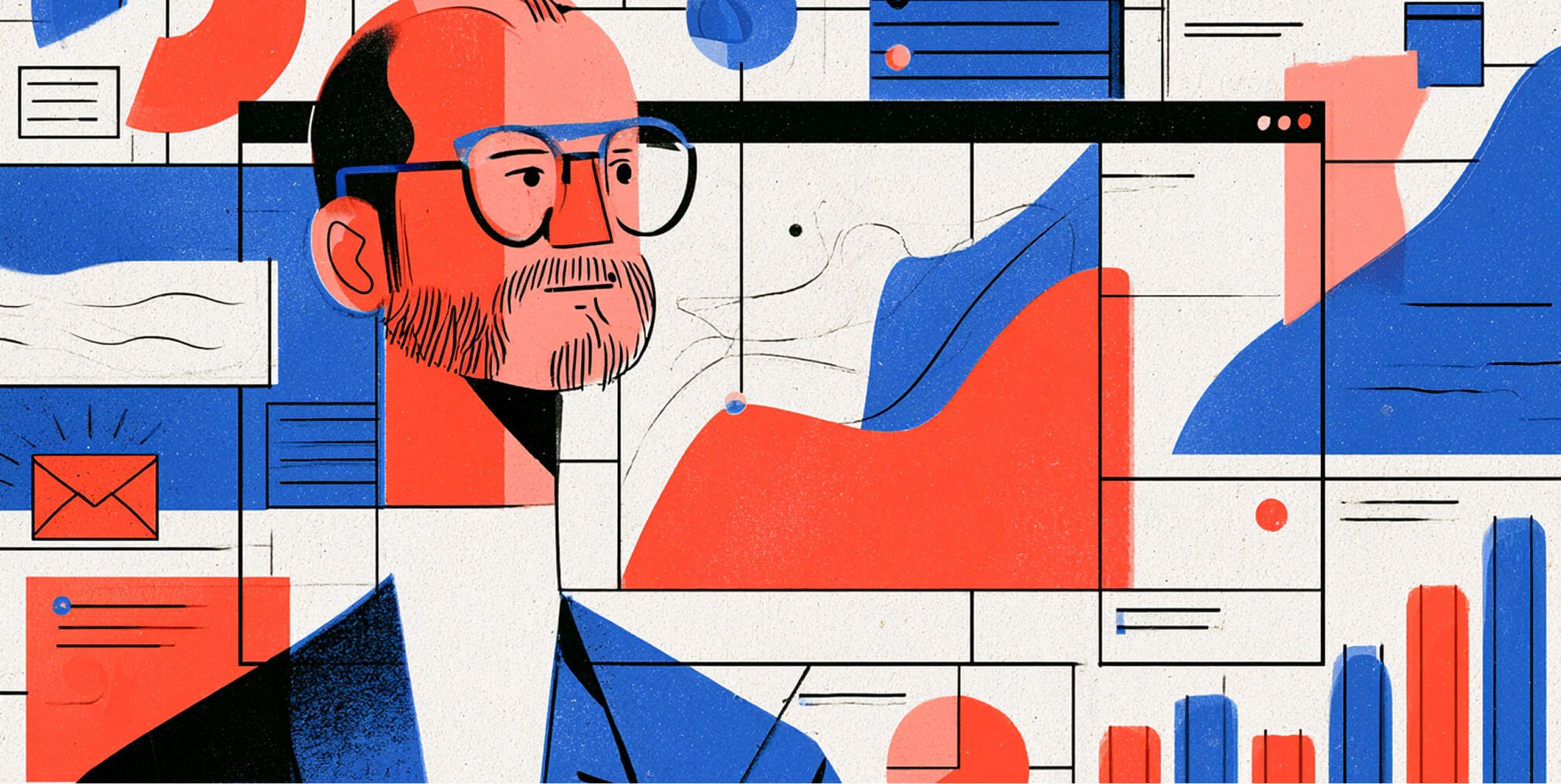 Marketing strategist surrounded by SaaS analytics dashboards, growth charts, and email campaign data.