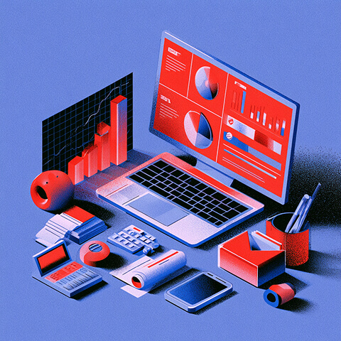 Digital marketing workstation with a laptop, analytics dashboards, charts, planning materials, and creative tools.