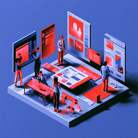 Marketing team collaborating around digital interfaces and campaign layouts in a shared creative workspace.