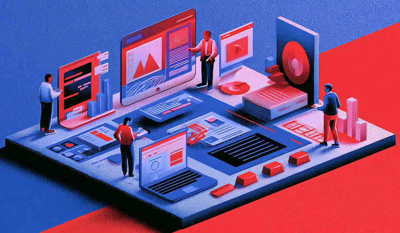 Digital marketing platform with multiple team members managing campaign content, analytics, and creative assets.