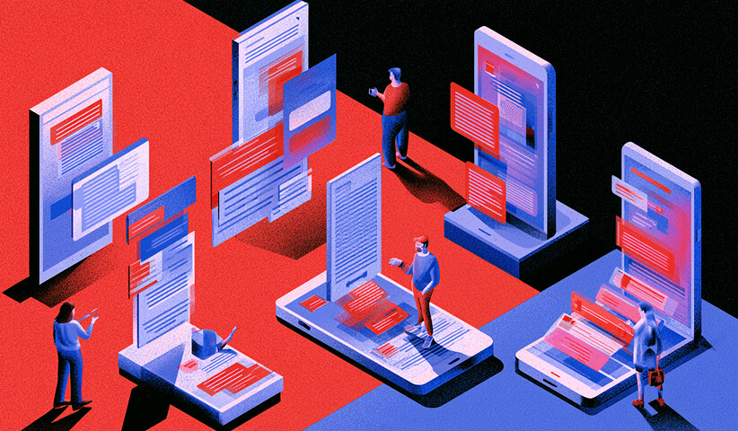 People interacting with connected mobile devices and messaging interfaces representing multichannel digital communication.