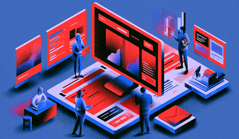 Marketing team working around a central digital platform with website interfaces, campaign assets, and communication tools.
