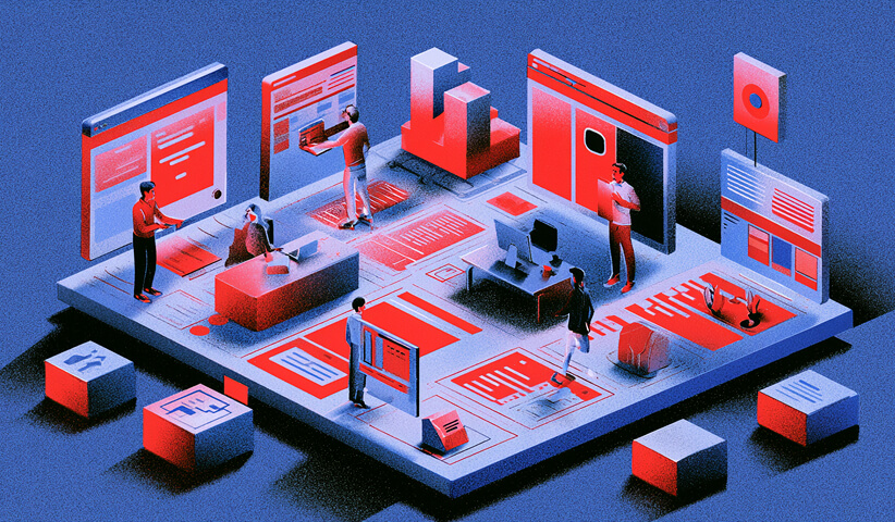 Isometric marketing workspace showing a team managing websites, digital content, analytics, and campaign materials.
