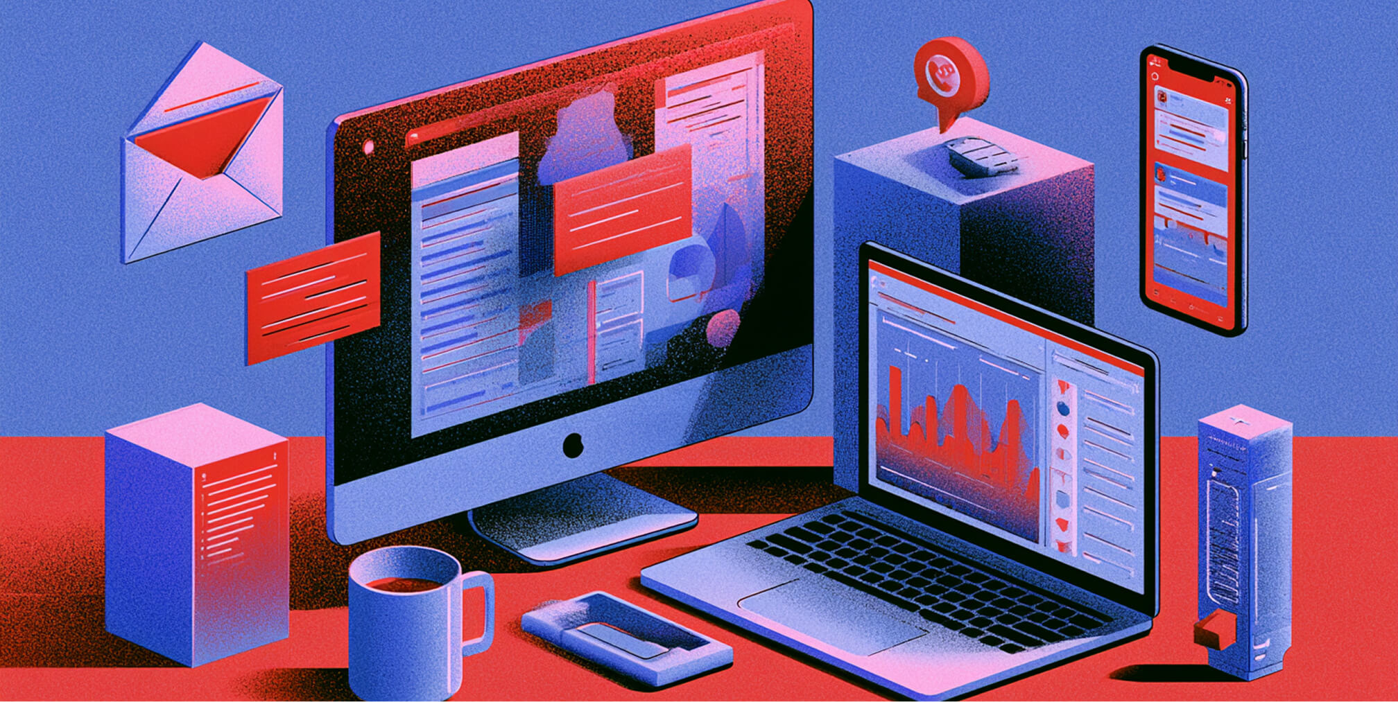 Desktop and laptop displaying marketing dashboards alongside email, messaging, analytics, and digital communication elements.