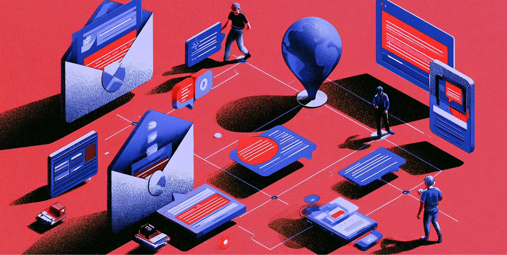Connected digital messaging ecosystem with mobile devices, email interfaces, communication cards, and people managing campaigns across channels.