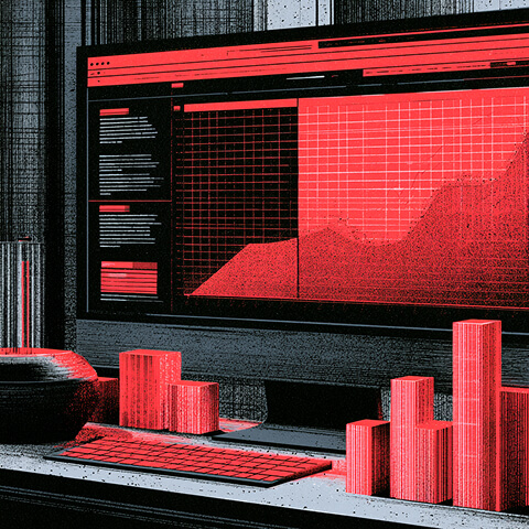 Desktop analytics dashboard surrounded by three-dimensional bar charts representing website performance and conversion growth.