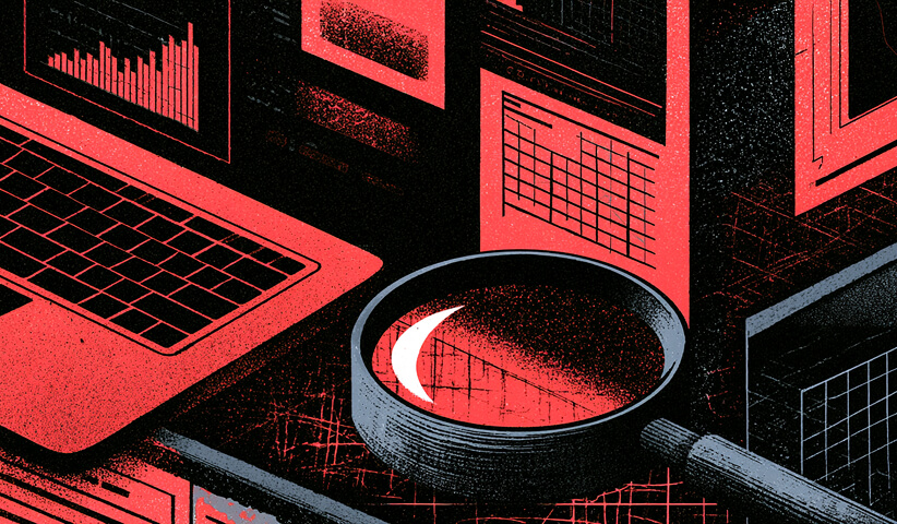 Magnifying glass examining digital analytics dashboards, representing detailed conversion data analysis and identifying optimization opportunities.