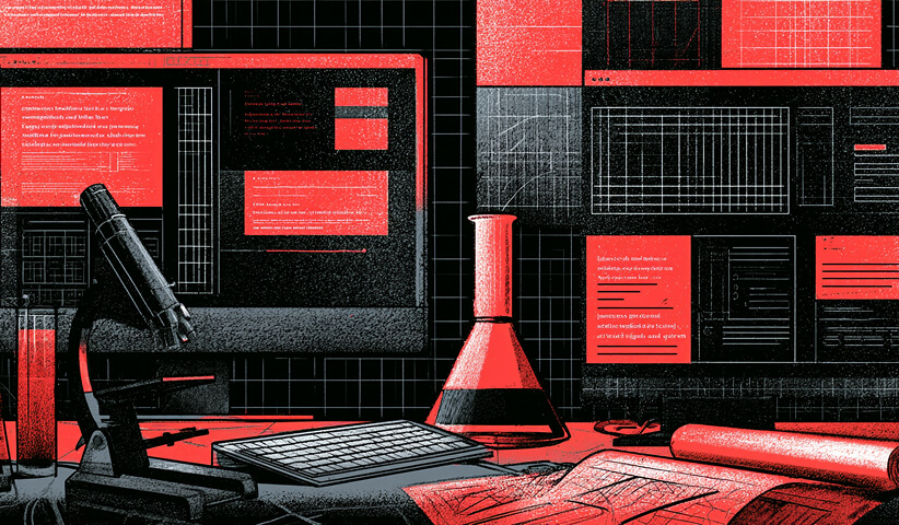 CRO testing workspace with a microscope, computer screens, data charts, and research tools representing experimentation and analysis.