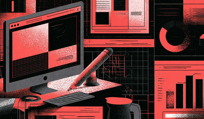 Digital optimization workstation with website layouts, analytics dashboards, charts, and a pencil representing iterative design improvements.