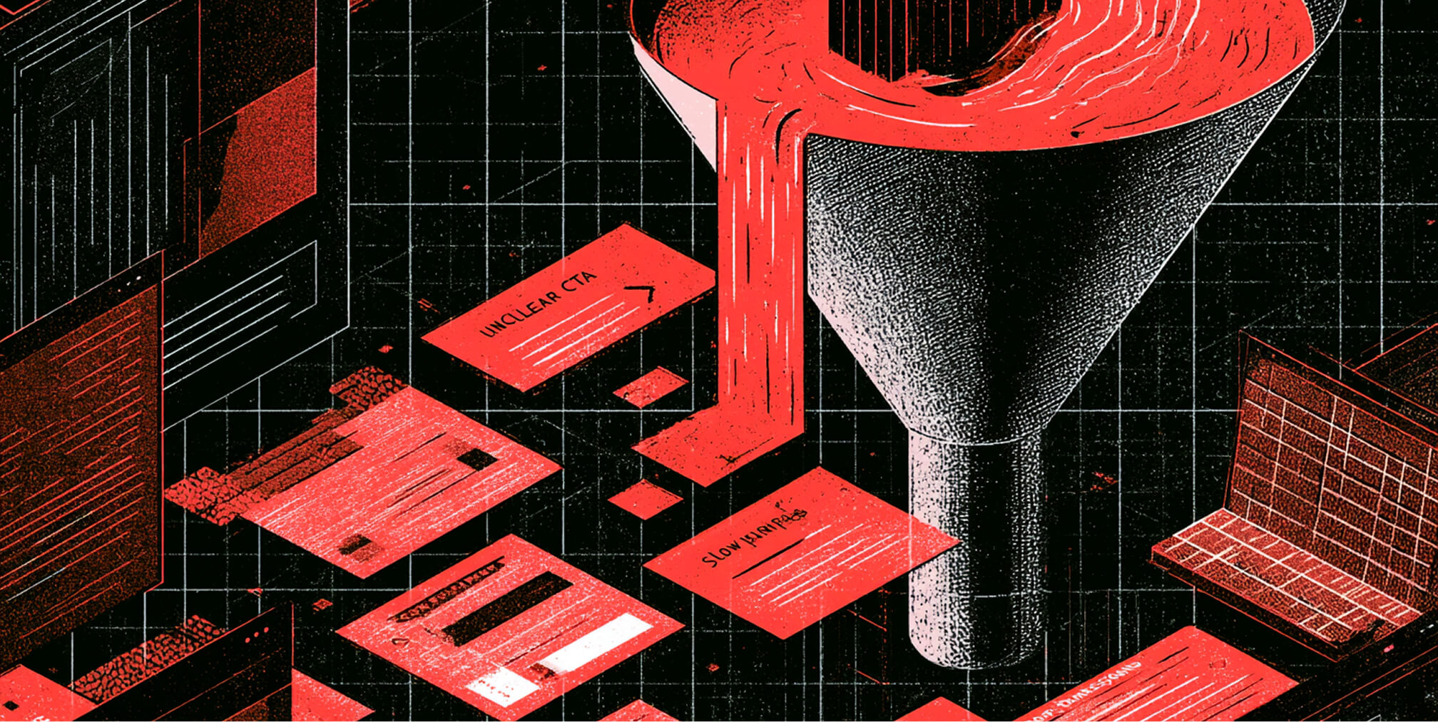 Large funnel filtering website elements and conversion barriers, including unclear calls to action and slow-loading pages.