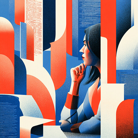 Thoughtful professional surrounded by layered geometric forms, representing the process of evaluating different AI tools and capabilities.